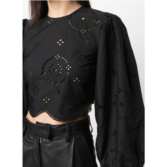 Ganni Broderie Anglaise Cropped Balloon Sleeve Top Black Summer Eyelet Lace - Picture 6 of 14